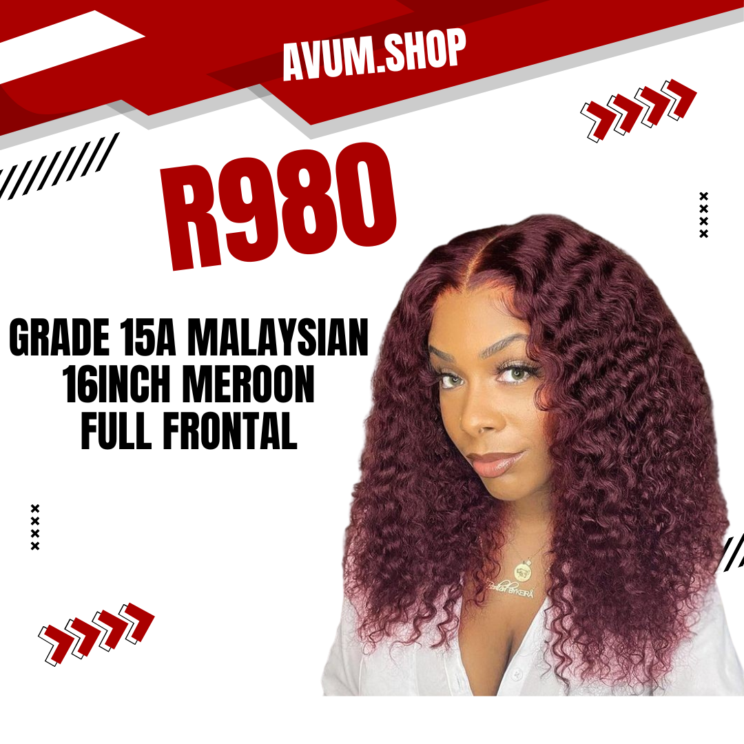 16Inch meroon full frontal Malaysian curls