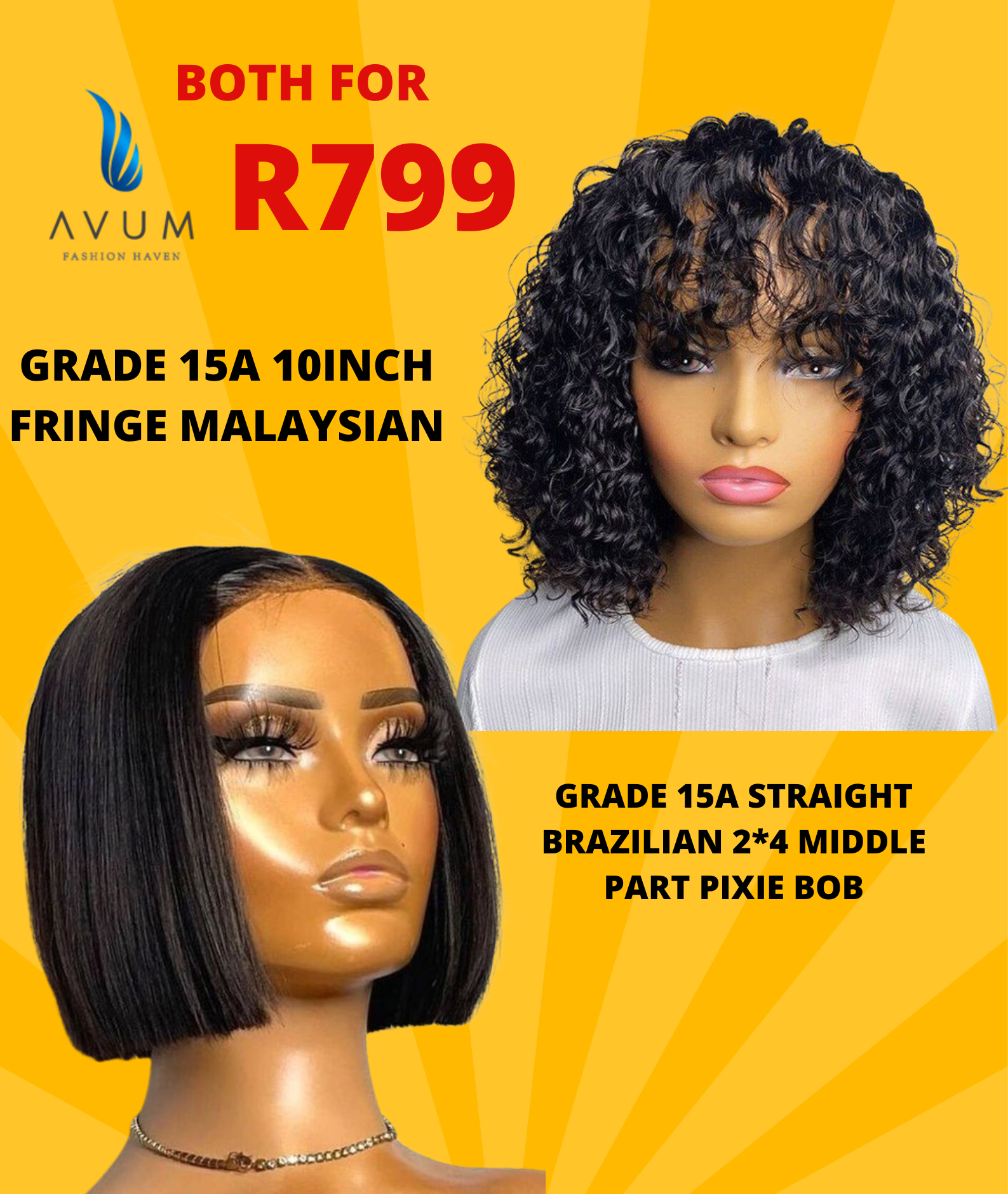 10Inch fringe malaysian + Straight Middle part pixie bob